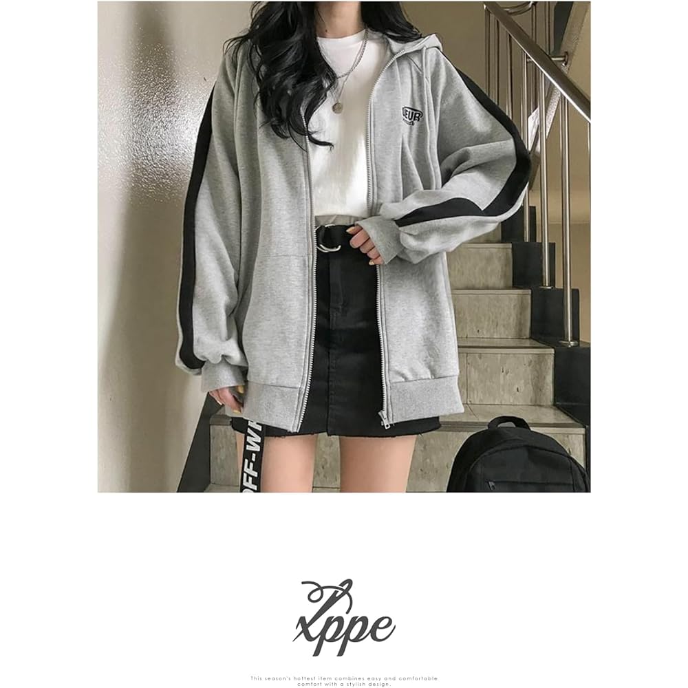 [xppe] Women's Parka, Zip-up, Outerwear, Logo, Side Line, Long Sleeve, Hooded, With Pocket, Large, Slimming, Body Coverage, Cute, Adults, Loose, Stylish, Casual, Fashion, Office, Commuting, Date, Daily Warm, Cold Protection, Tops, Spring, Autumn, Winter