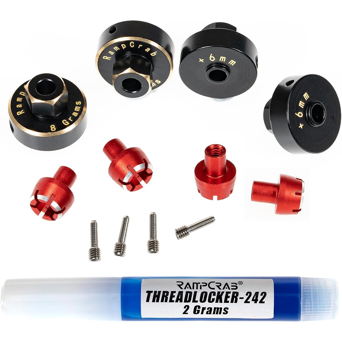 RampCrab Brass Heavy Combiner Wheel Hub Hex + 6mm Adapter for TRX4M Hub Extender for 4WD Unlimited Trail Buggy 1/18 RC Car Upgrade Parts 4x Hub Extenders 4x Red Aluminum Nuts