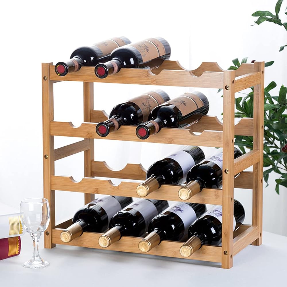 Anberotta Bamboo Wine Rack Wine Holder Wine Champagne Bottle Wood Storage Case Stand Interior Display Available in 2, 3, and 4 Tiers W65 (Storage for 16 Bottles, 4 Tiers/Brown)