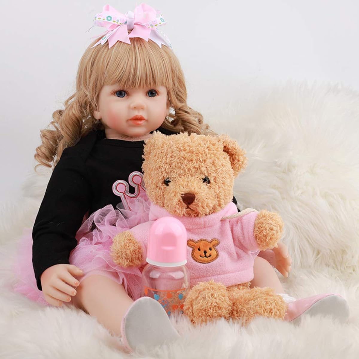 60cm Reborn Toddler Doll Long Curly Hair Girl Baby Doll Pink Dress Lifelike Newborn Baby Toy