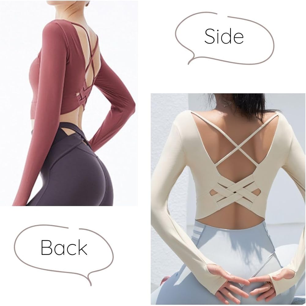 [VeroMan] Yoga Tops Long Sleeves with Cups Stylish Cross Back Short Length Sports Wear ppi-lse031