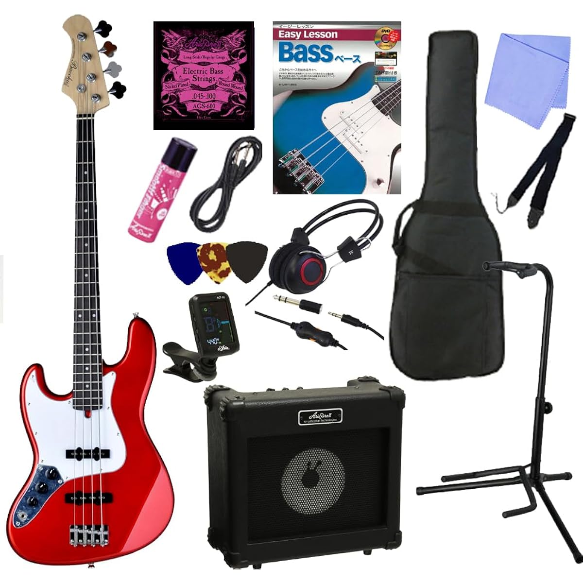 Left hand/Left-handed electric bass beginner's 13-piece set | Bacchus/BJB-1R-LH CAR Bacchus/Jazz bass/Left hand Perfect set that also includes aria amplifier (CAR/Candy Apple Red)