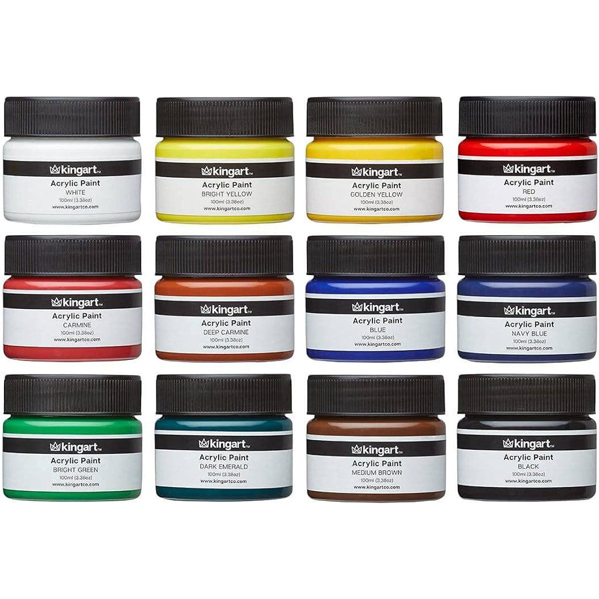 KINGART 100ml Jars, Set of 12, Vibrant Colors, Acrylic Paint, Assorted 12 Pieces