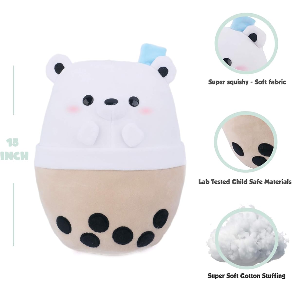 Avocatt Giant Bear Boba Plush Toy 15 Inch Large Ice Bubble Milk Tea Asian Comfortable Food Soft Stuffed Polar Bear Stuffed Animal Cute Japanese Anime Style Gift