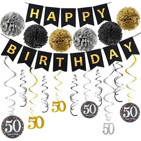 50th Birthday Party Decorations Kit, 50th Party Supplies Glitter Happy Birthday Banner Bunting Garland 6pcs 12pcs Paper Pom Poms Hanging Swirls 50th Anniversary Decorations