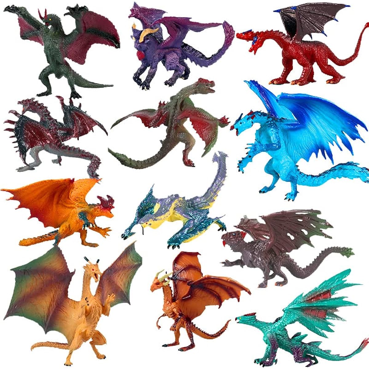 Hiawbon Mini Dragon Figures Kit, Set of 12 3" Realistic Hand-painted Dragon Models, Plastic Magic Dragons for Birthday Party Favors Cupcake Toppers