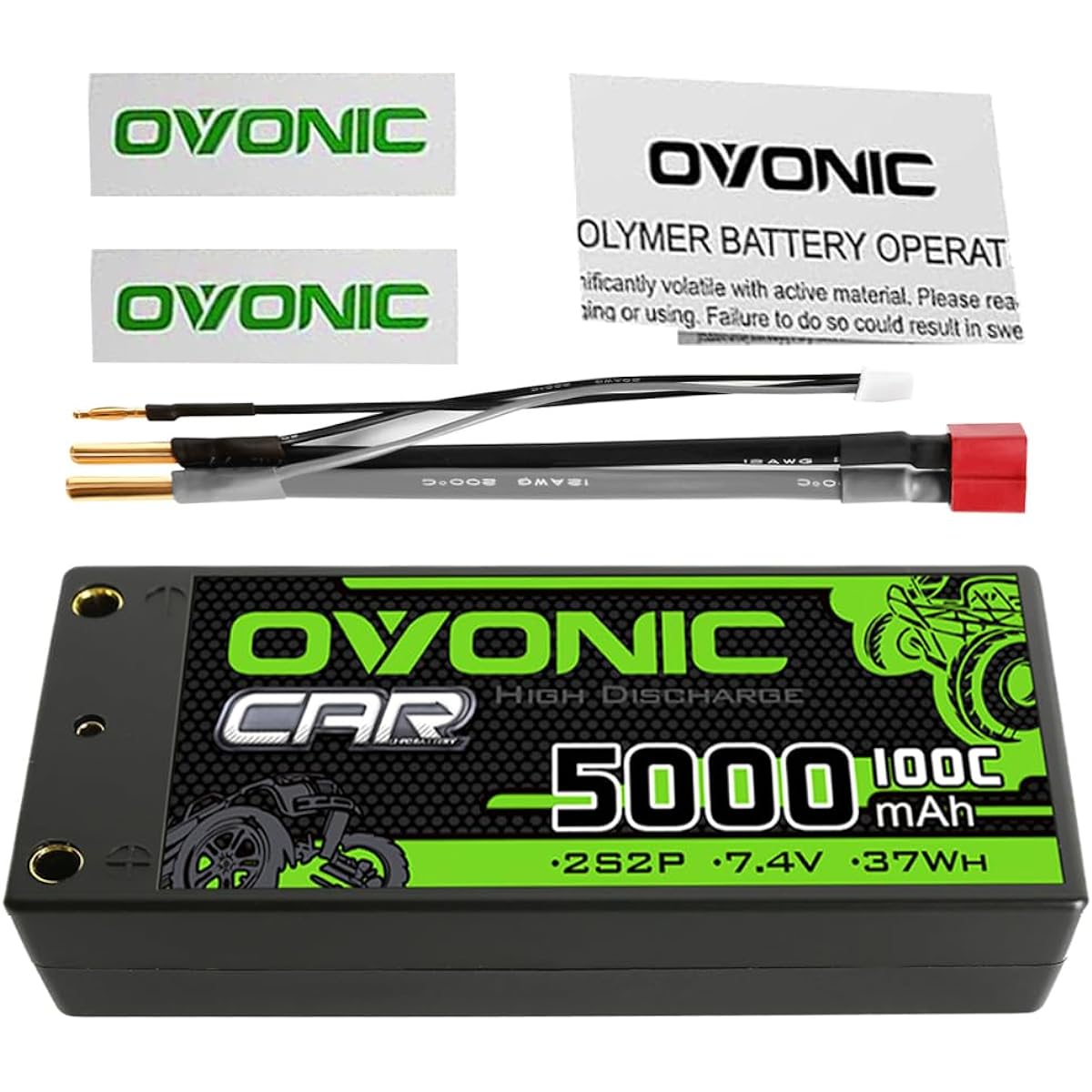 OVONIC 2S Short Lipo Battery 100C 5000mAh 7.4V Lipo Battery 4mm Brett Dean Style T Connector for 1/8 1/10 RC Car Truck Boat Vehicle [9.5cm Depth x 1.88" Width x 1" Height]