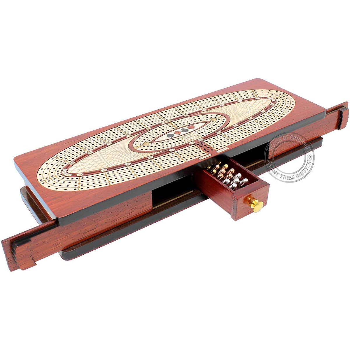 House of Cribbage - Continuous Cribbage Board / Box in Plaid Wood / Maple: 4 Tracks - Slide Lid, Drawers, Metal Pegs with Score Mark Fields for Skunk, Corner and Win Games