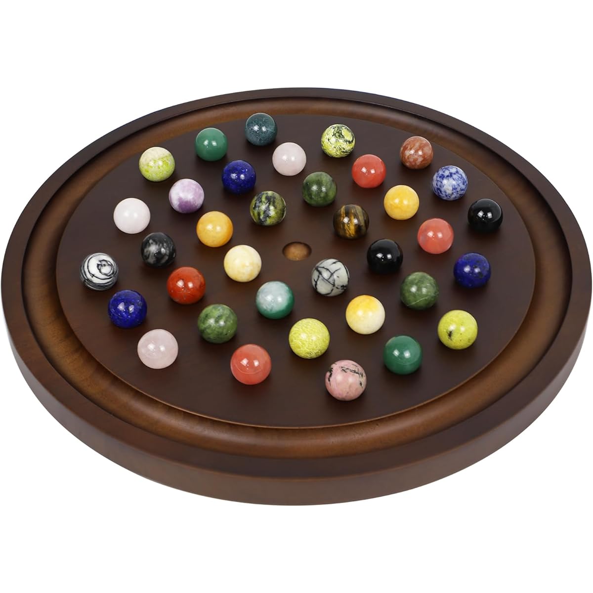 Medikaison Large Solitaire Game Handmade Solid Wood Marble Solitaire Board Game Set with 36 Natural Glass Marbles Classic Thick Round Board Game for Adults Game Night (Walnut, M)