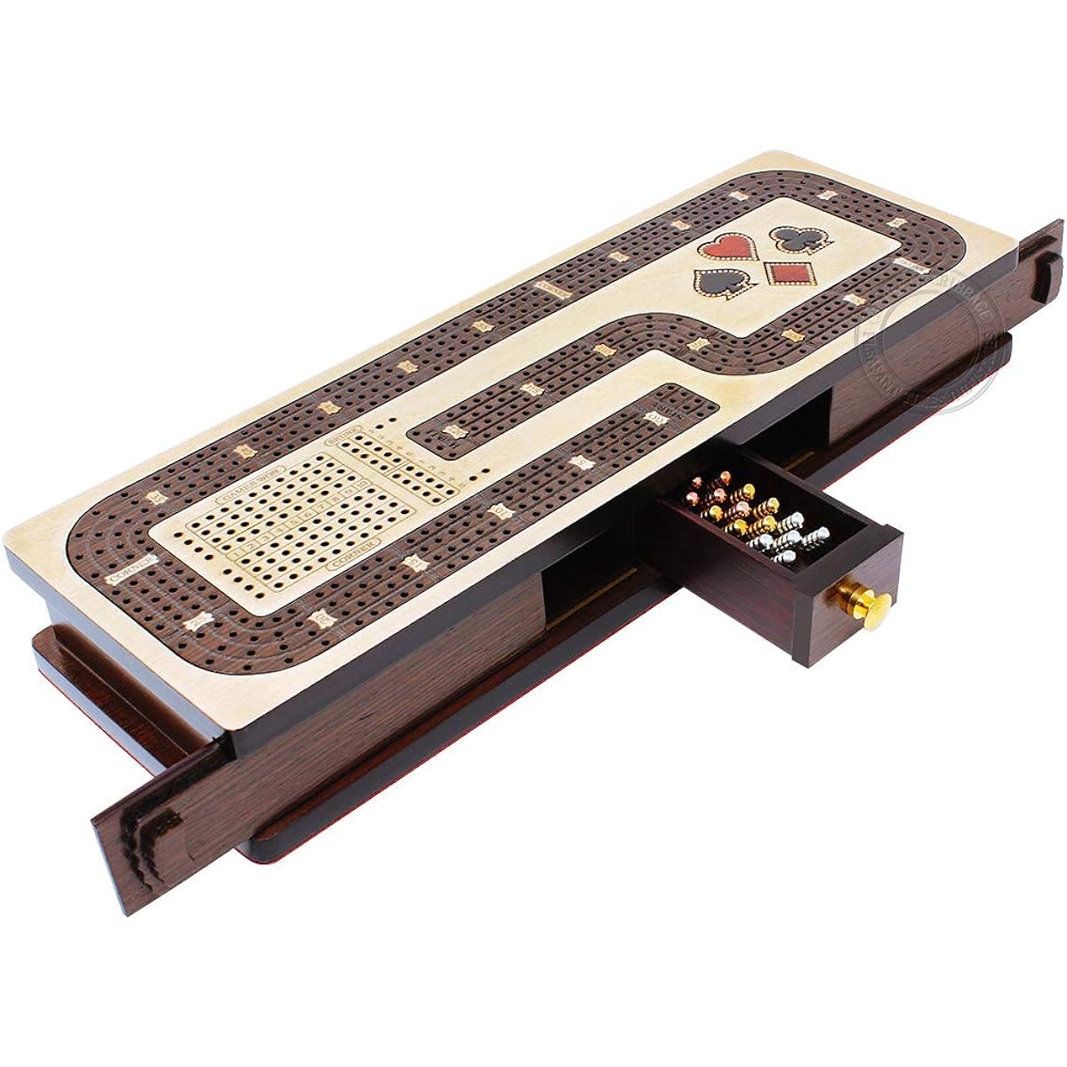 House of Cribbage - Continuous Cribbage Board / Box Maple Inlay / Wenge Wood: 4 Tracks - Card and Peg Storage Drawer with Score Marking Field Skunk Corner Winning Game