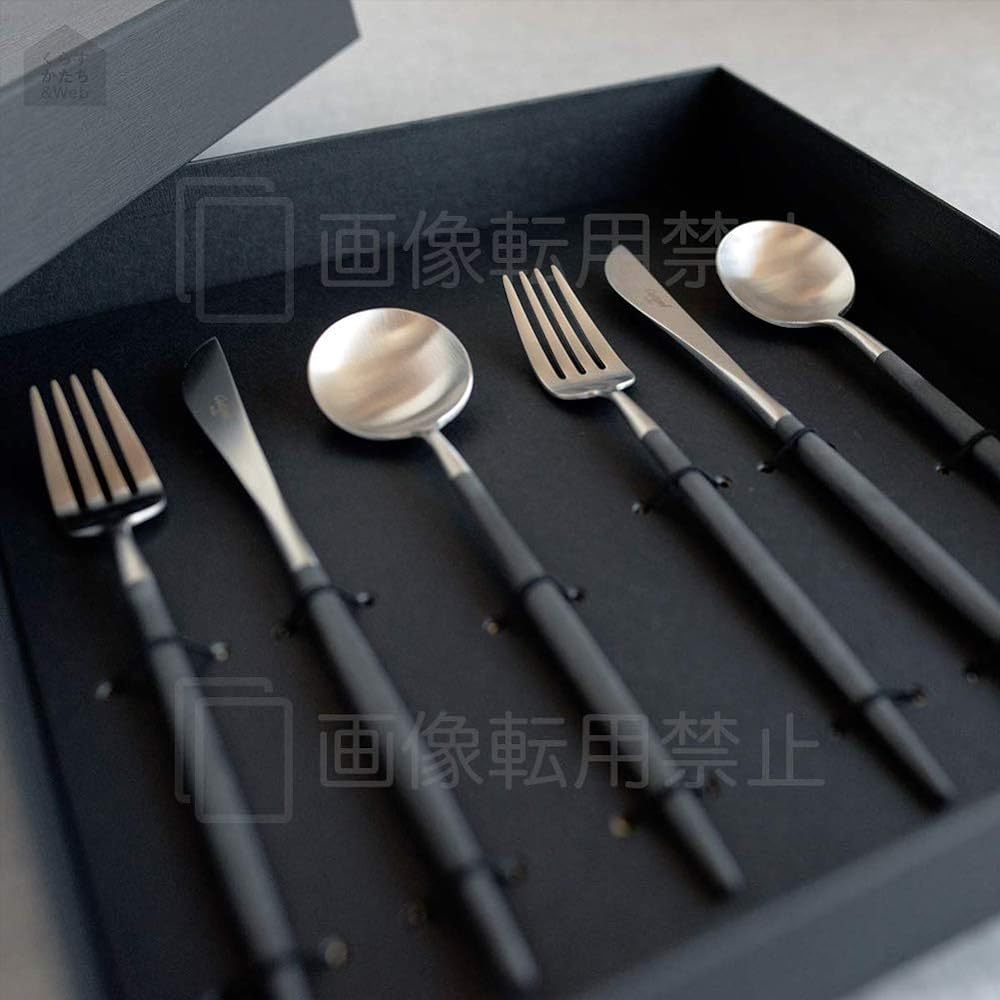Genuine Cutipol GOA Goa Black/Matte Silver Dessert 6 Piece Gift Set in Cosmetic Box Genuine Ribbon Hanging (2 each Knife/Fork/Spoon)
