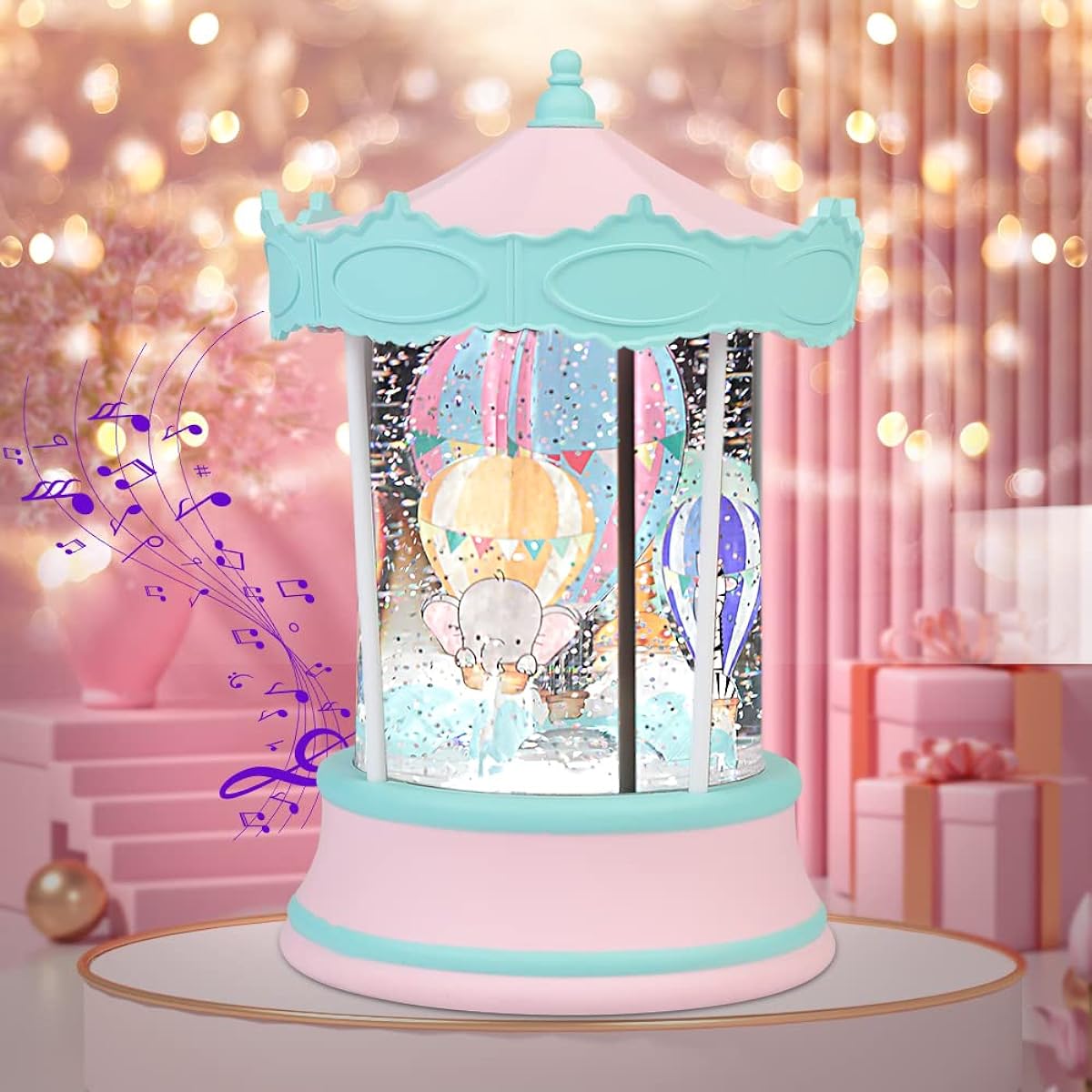 VITAKEO - [360° Rotation] Animal Amusement Park Decorative Music Lantern, Christmas Girl, Boy - Luxury Amusement Park Music Lamp 4 Animals with Hot Air Balloon and LED Light Luminous Rotation (4.7 x 7.8 inch)