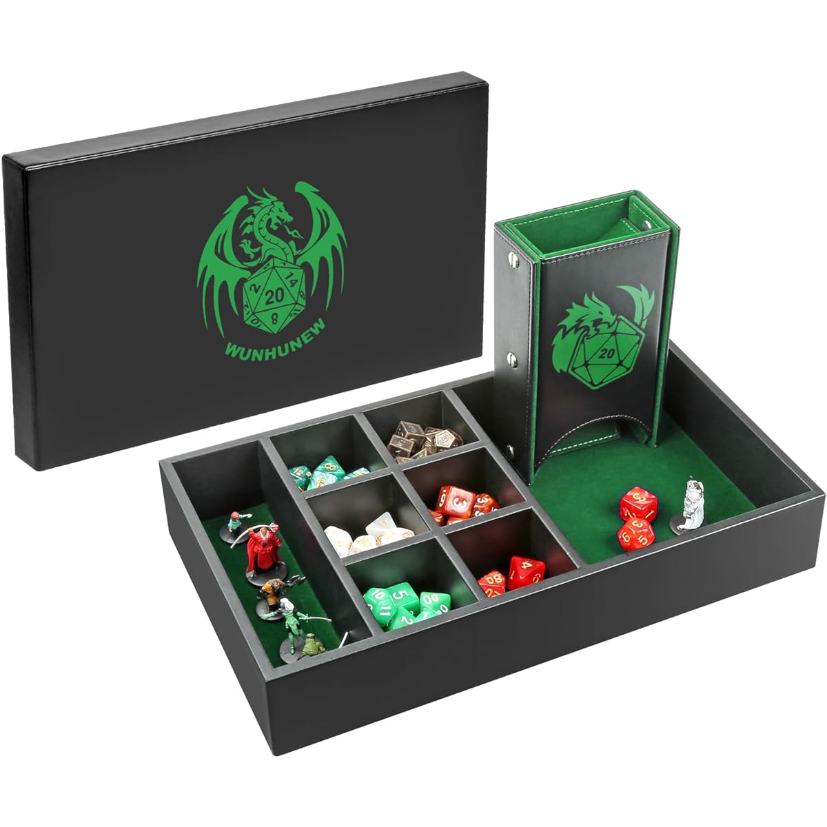 Wunhunew DND Dice Tray & Tower Storage Box, 4 in 1 D&D Dice Holder Case (Dice Rolling Tray, Dice Roller Tower, Dice & Miniatures Storage), Great RPG Accessories Gifts for Dungeons and Dragons (Green)