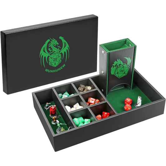 Wunhunew DND Dice Tray & Tower Storage Box, 4 in 1 D&D Dice Holder Case (Dice Rolling Tray, Dice Roller Tower, Dice & Miniatures Storage), Great RPG Accessories Gifts for Dungeons and Dragons (Green)
