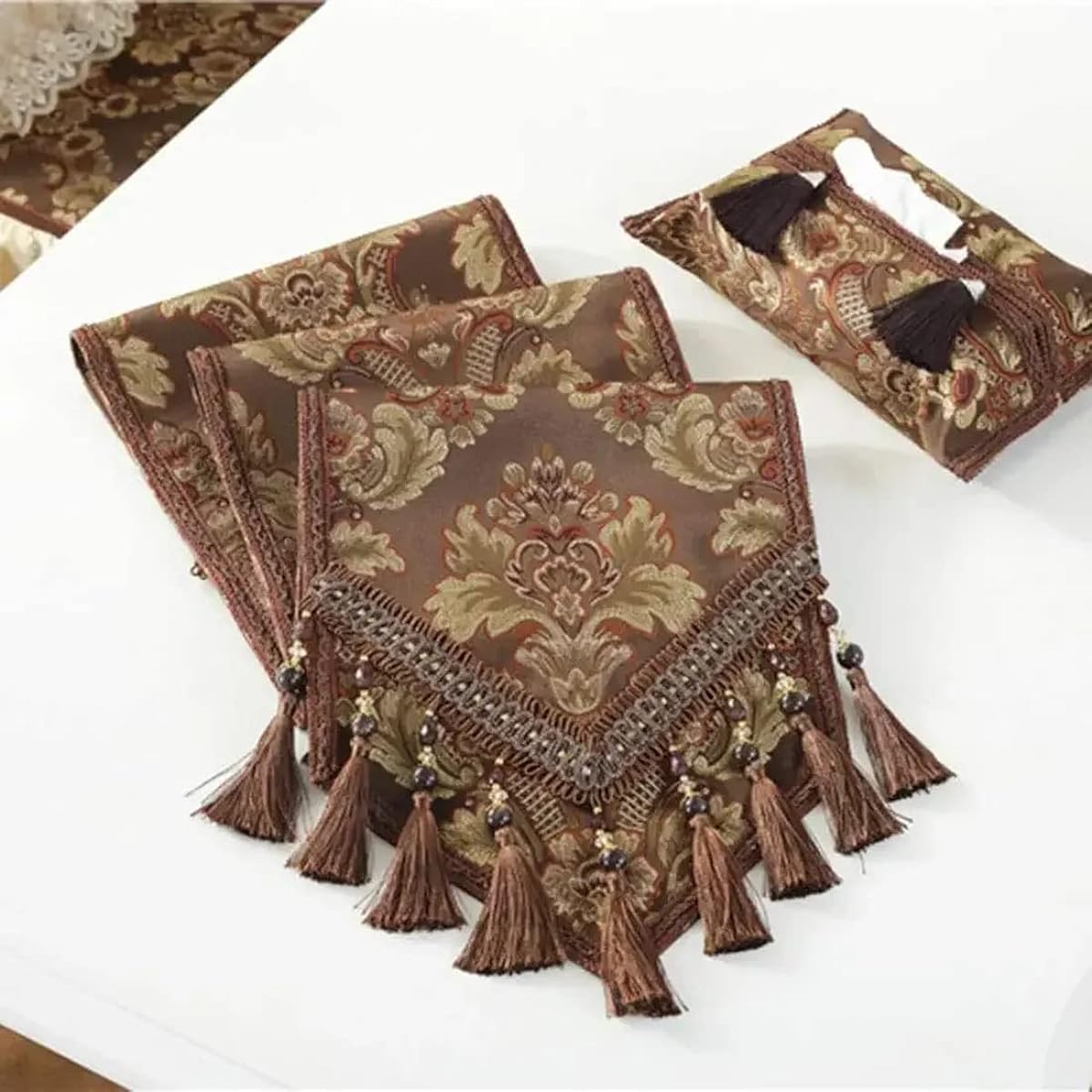 JAIJY French Country Luxury Floral Table Runner with Beaded Tassels Kitchen Decor Silk Blend Tea Table Runner (Coffee, 13" W x 69" L)