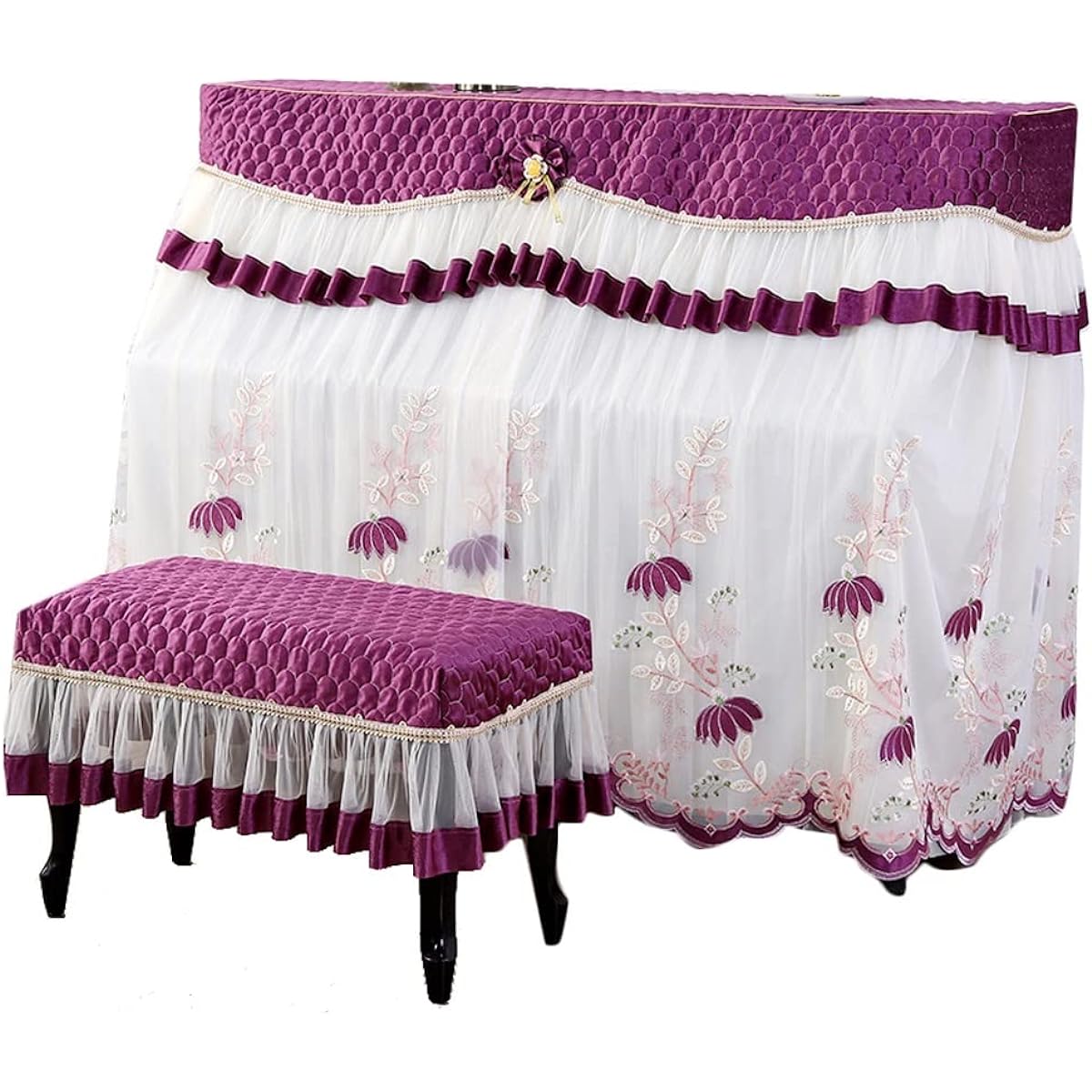 European Style Full Piano Cover, Fabric Upright Piano Lace Embroidery Vertical Piano Cover Thickened Dust Protection Stool Cover Instrument Accessories (Color : Purple, Size : Stool Cover 78*38cm)