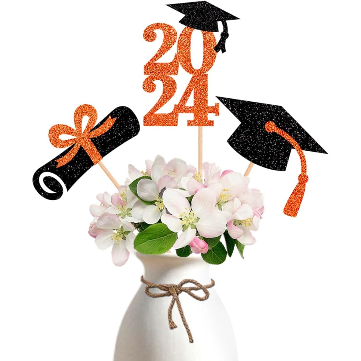 ALISSAR Double Sided Glitter 2024 Graduation Party Centerpiece Sticks Orange Pack of 15 - Table Toppers for 2024 Graduation Party Decorations Party Supplies (Orange)