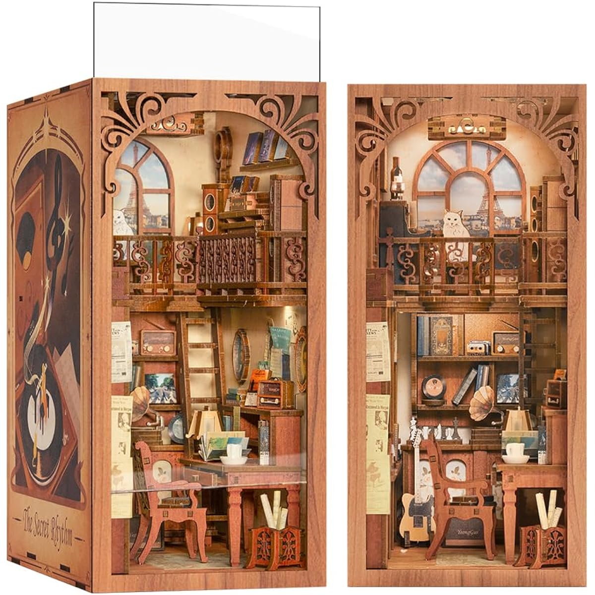 FSOLIS DIY Book Nook Kit DIY Dollhouse 3D Wooden Puzzle Bookends with Dust Cover Book Deco Model Kit Book Nook Bookshelf Insert Book Nook Kit for Adults (Secret Rhythm)