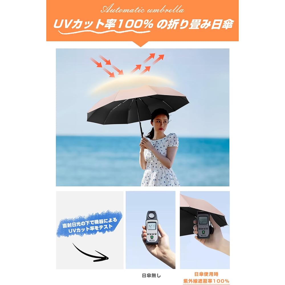Parasol Folding Umbrella, UV Protection, Completely Light Shielding, Heat Shielding, Compact, 10 Ribs, Folding Umbrella, One-Touch Auto Open/Close, Folding Parasol, UV Blocking, Windproof, Water Repellent, For Both Sunny and Rainy Weather, Convenient, St