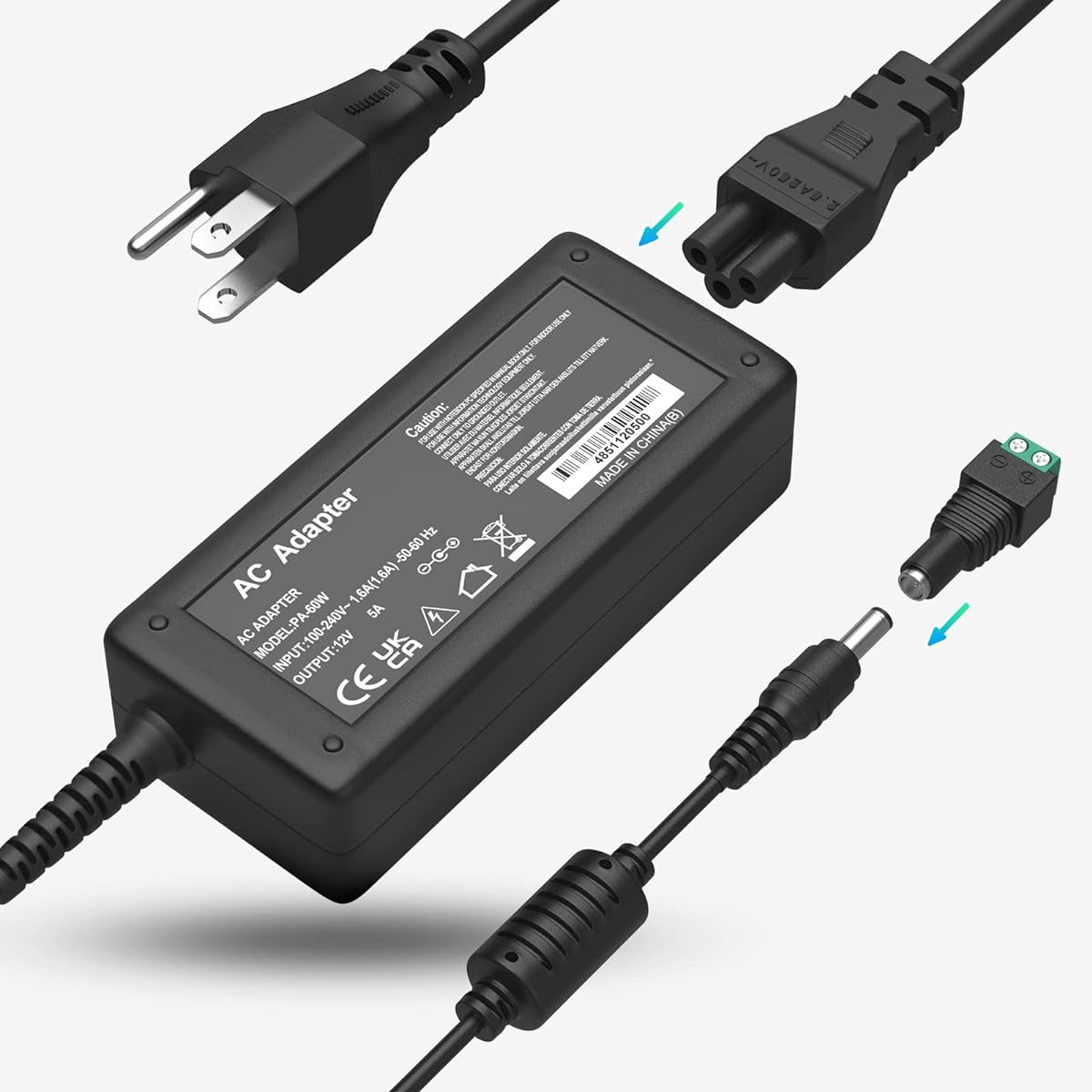 Waysse 12V 5A Power Supply 12V 5A 60W AC Adapter 12 Volt 5amp AC/DC Power Adapter Converter Transformer AC 100-240V 5.5x2.5mm DC Plug for LED Strip Light CCTV Camera