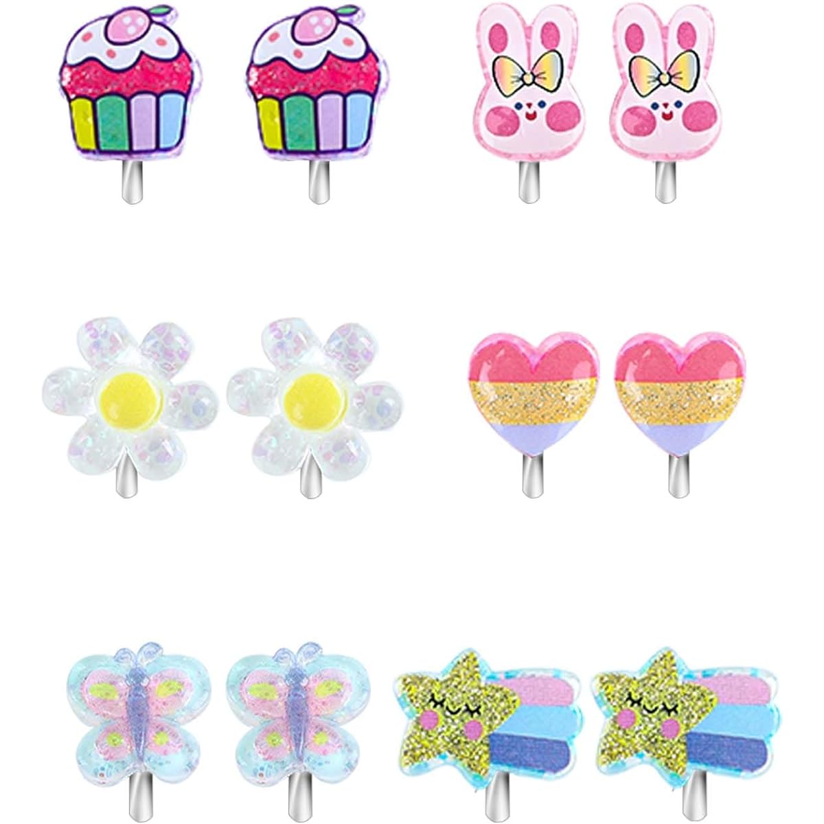 6 Pairs Children's Clip-on Earrings for Girls Cute Rabbit Rainbow Cake Love Heart Flower Butterfly Clip-on Earrings Set for Children's Birthday Gift, Metal, No Jewelry