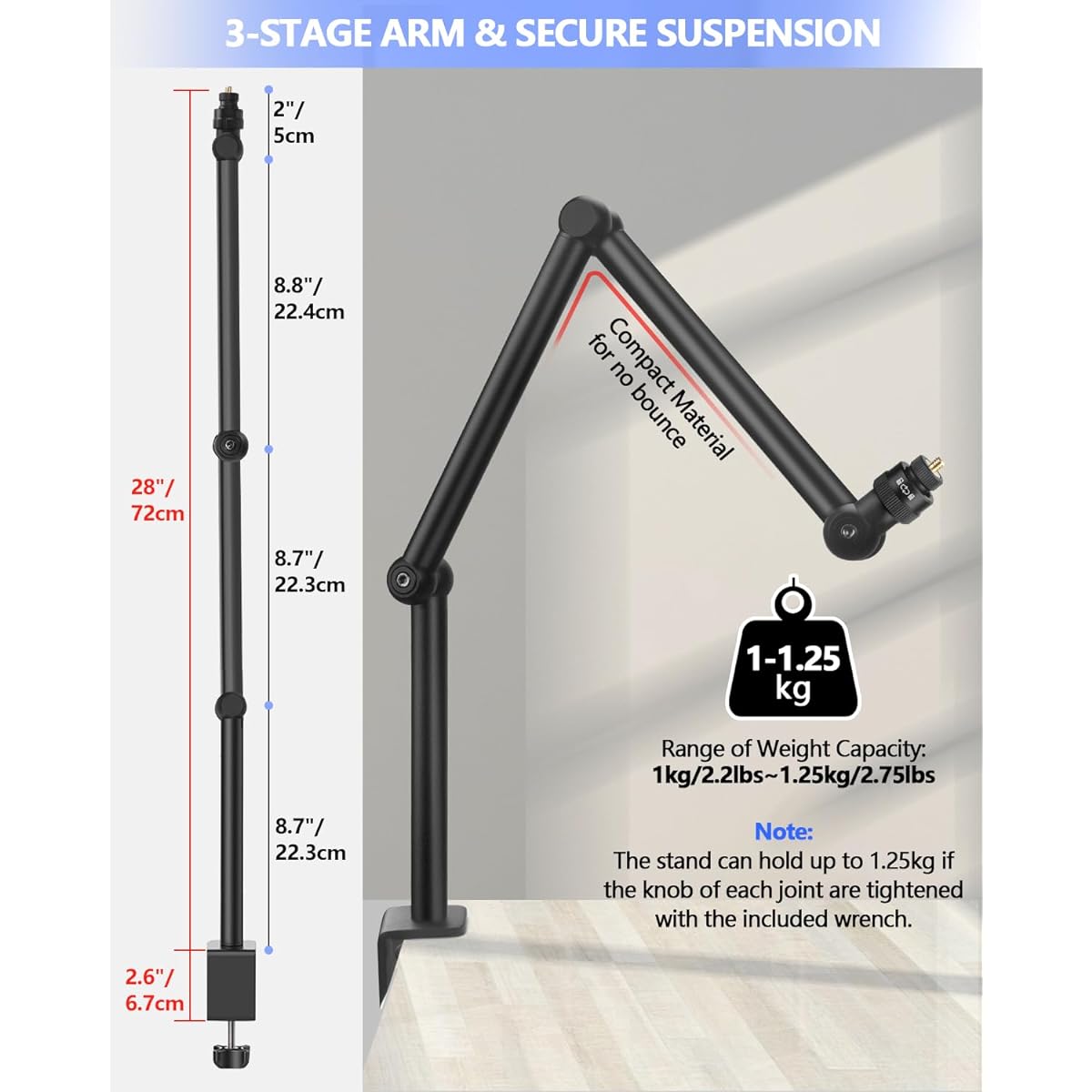JINSUI Boom Arm Microphone Stand Desk 360° Rotatable Camera Desk Mount with 3/8" 5/8" Thread Adapter Compatible with Most Microphones Adjustable Foldable Webcam Stand for Podcast Streaming Game Video Studio
