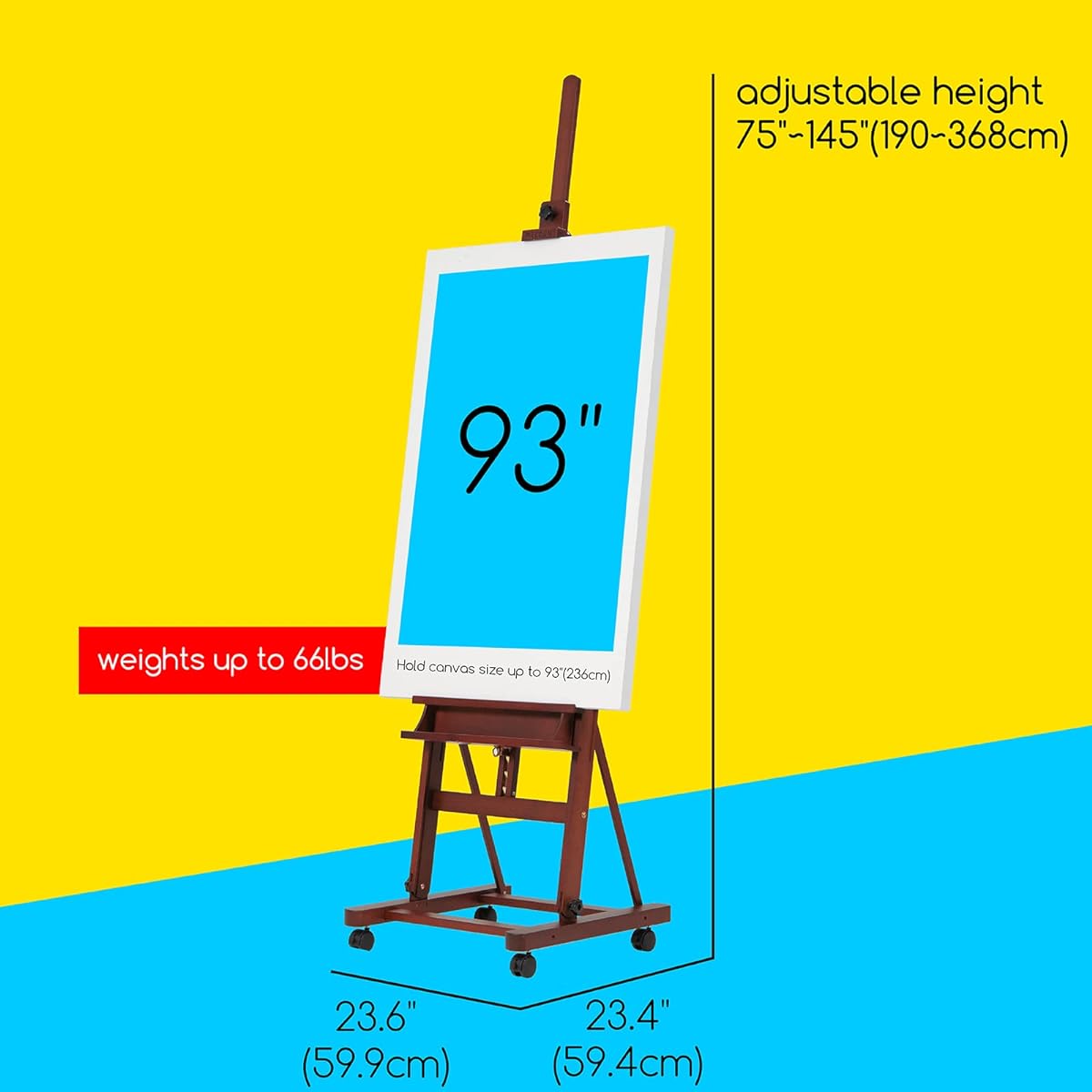 justable Height, Accommodates Canvases up to 236cm, Foldable for Storage, H-Shaped Frame, High Stability, Wooden Easel, Stand Easel, Large Easel, Studio Easel, Sketch Easel, For Fine Arts, For Painting, For Office, For Artists, Students, Adults, Dark Red