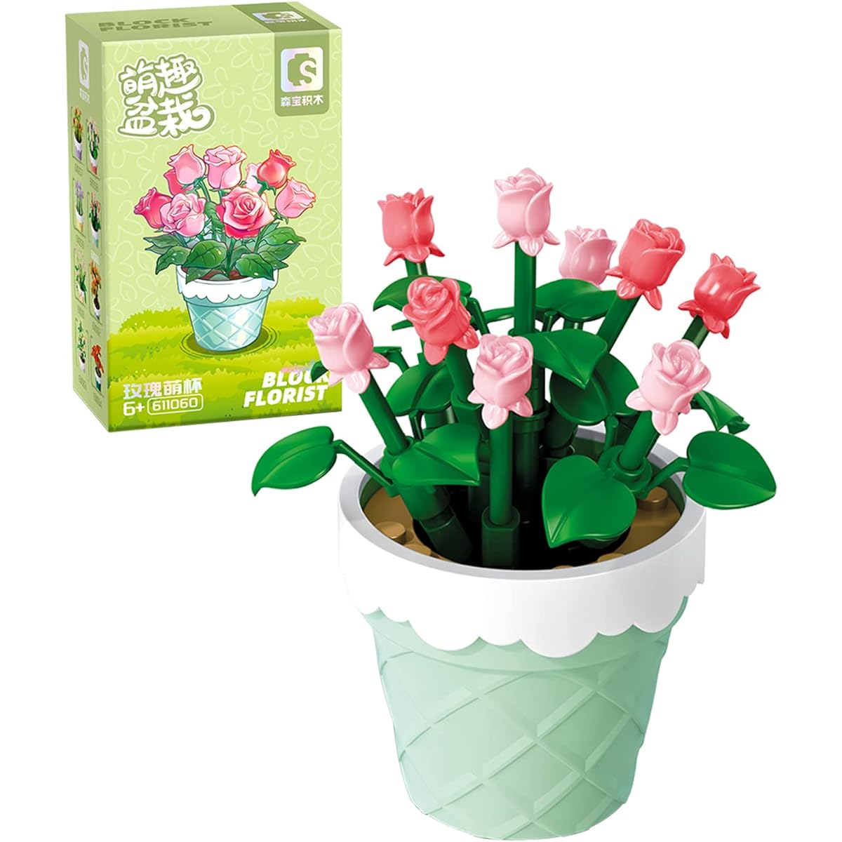 MEIEST Mini Flower Succulent Bonsai Building Block Set Simulation Pot Plant Artificial Particle Flower Botanical Collection Construction Block Toy Cute Home Decoration (Rose)