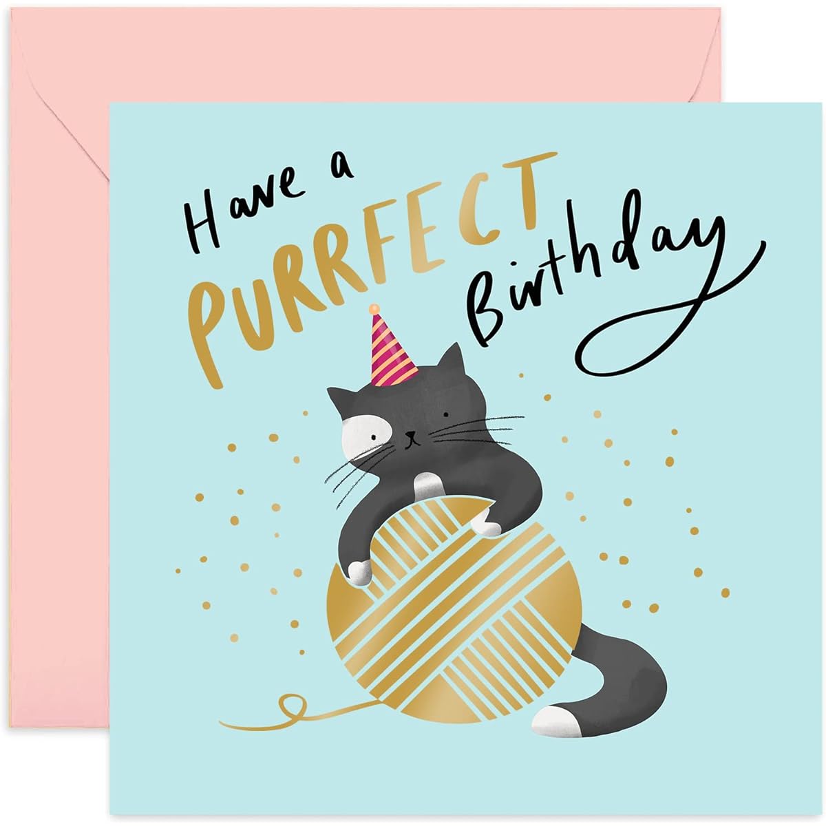 Old English Co. Purrfect Kitten Birthday Card - Funny Cute Cat Pun Greeting Cards for Her and Him | Gold Foil Birthday Wishes for Women and Men | Blank Inside & Envelope Included