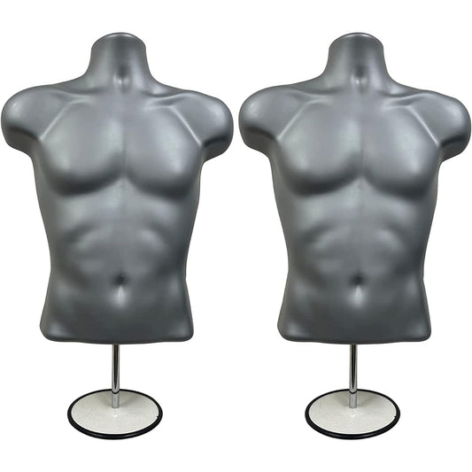 DisplayTown 2 Grey Male Hollow Back Mannequin Torso Set with Metal Stand, Metal Pole & Hanging Hook, Small