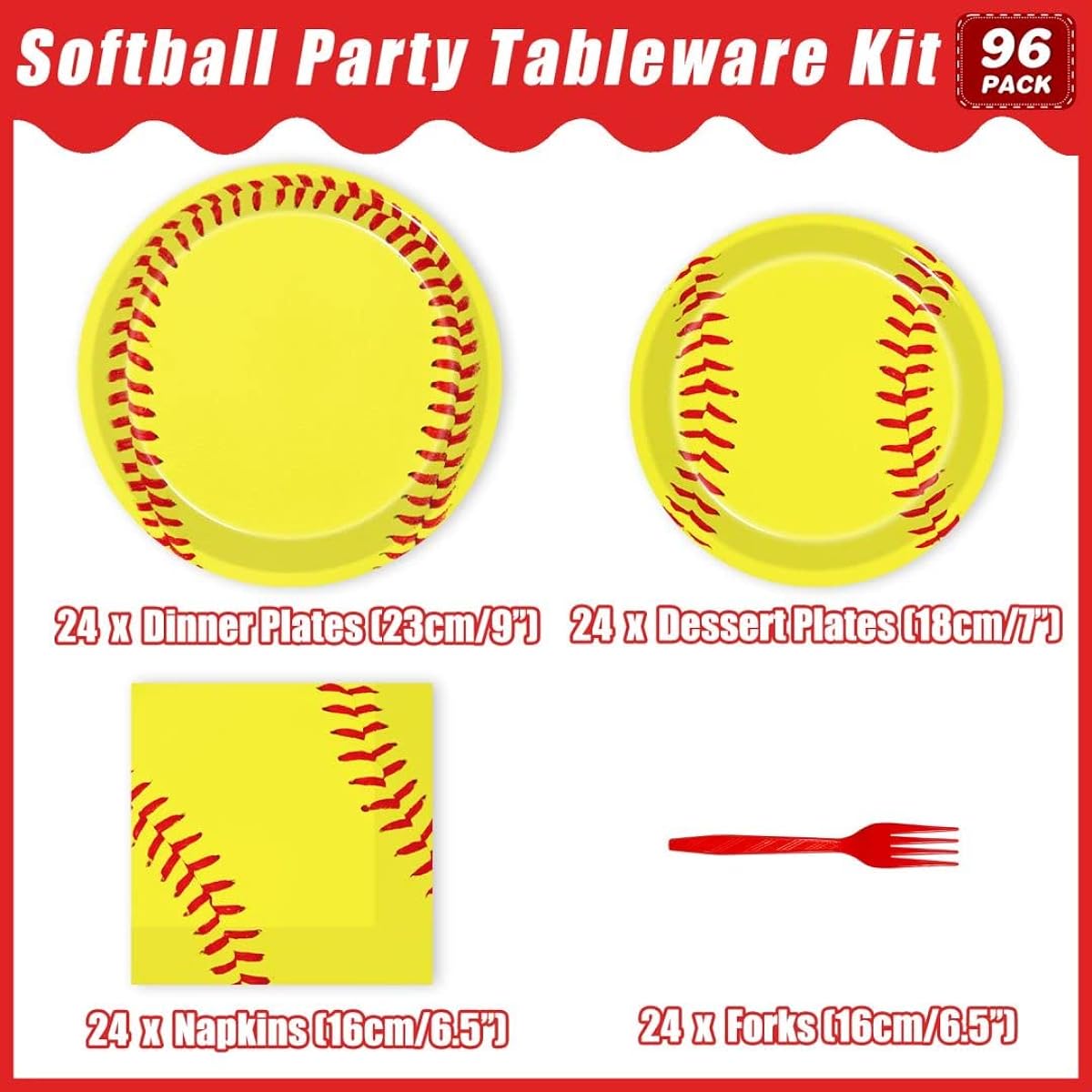 Kepeel 96pcs Softball Birthday Party Supplies, Softball Theme Party Paper Plates, Napkins, Forks, Favors, Decorations, Softball Tableware for Kids, Serves 24 Guests