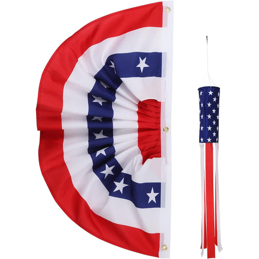 2pcs USA Pleated Fan Flags Fan Flag Banner US Flag Windproof Patriotic Bunting 4th of July Memorial Day American Porch Flag USA Banner Decoration Outdoor (6x3ft)