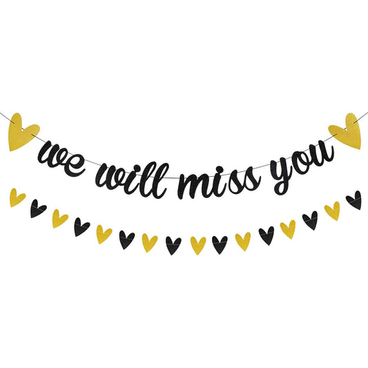 "We Will Miss You" Banner and Gold and Black Glitter Heart Garland Banner 2021 Graduation Party Decorations, Retirement Party Decorations, Graduation Party Decorations, Graduation Outing, Office Work Party Decorations
