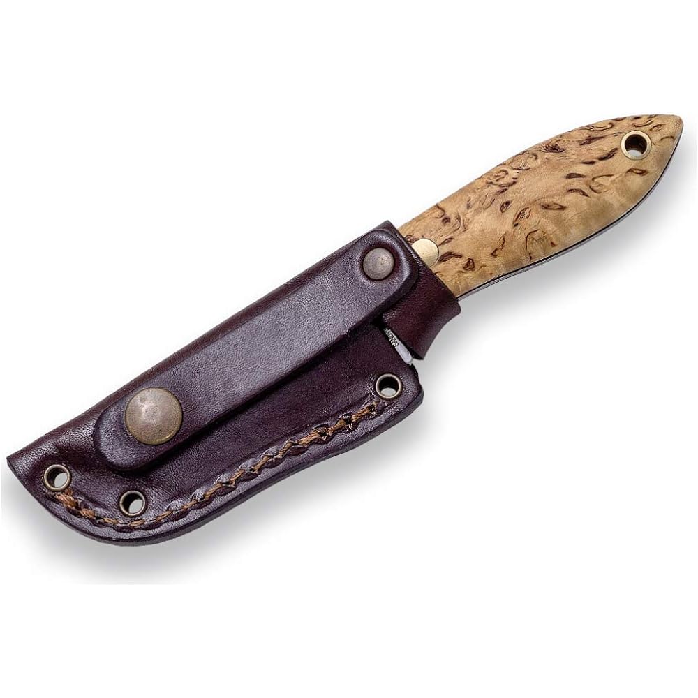 Joker Bushcraft Avispa S" CL121 Curly Birch Wood Handle 3.15" Blade with Spine Grip and Brown Leather Sheath Fishing/Hunting/Camping/Hiking Tool