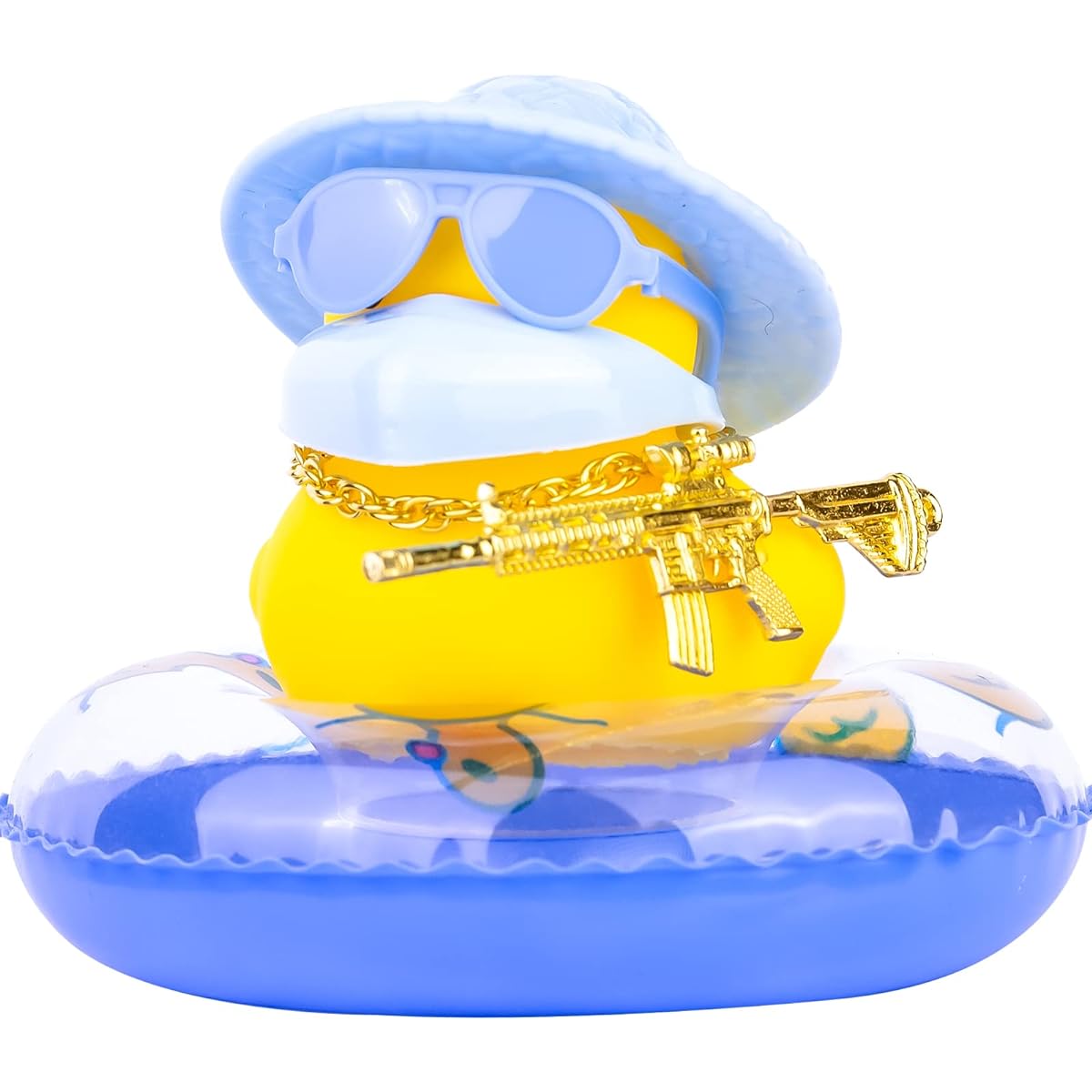 MuMyer Rubber Duck Car Ornament Yellow Duck Car Dashboard Decoration Car Dashboard Decor with Cool Props Mouth Cover Mini Swim Ring Sun Hat Necklace Sunglasses (C-Blue)