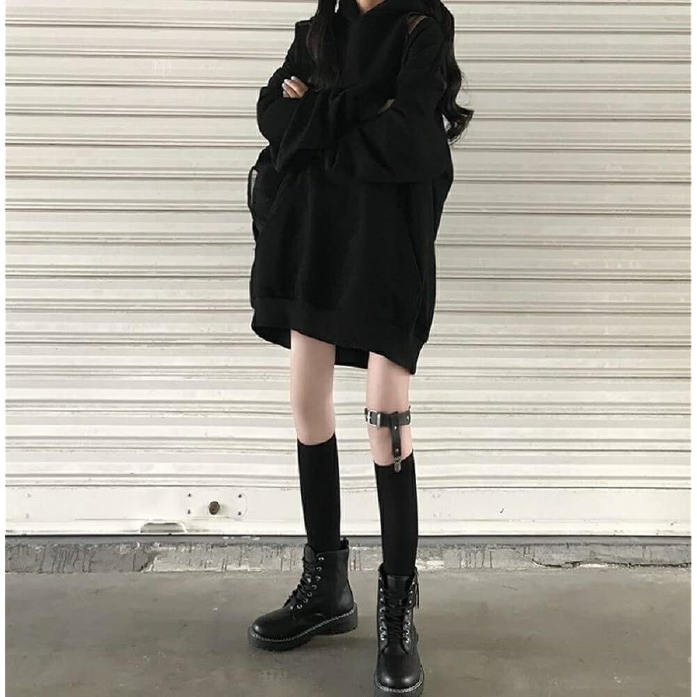 [AiO JAPAN] Parka, both shoulders, hooded, black, big silhouette, off-shoulder, Korean fashion, Gothic, Gothic Lolita