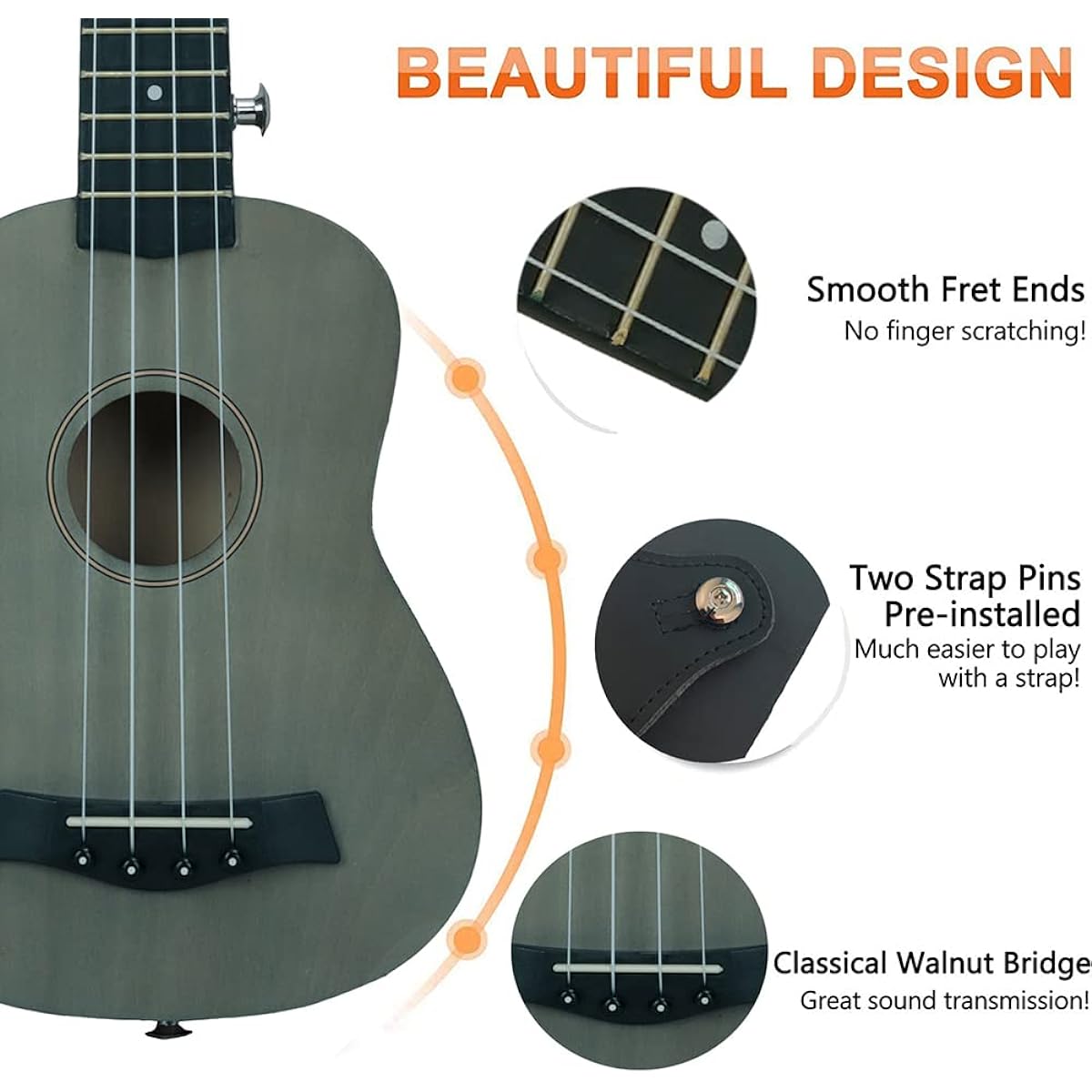 CEOMO Soprano Ukulele 21 Inch Basswood Ukulele Children Students Beginner Kit Gig Bag Pick Capo Strap String Starter Manual (Gray)