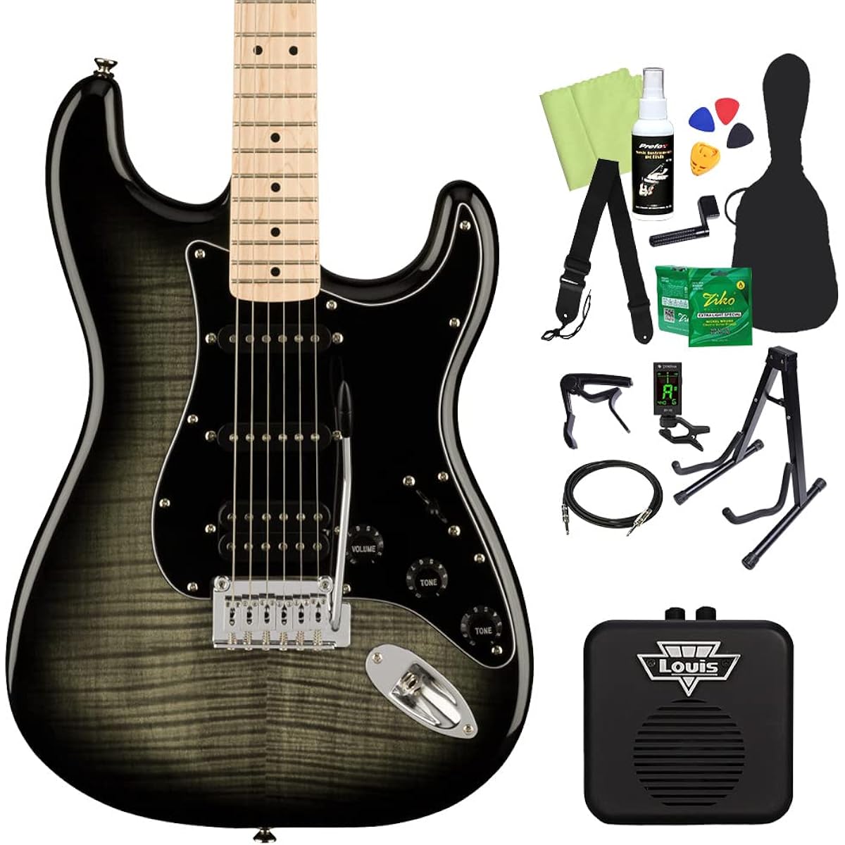 Squier by Fender Affinity Series Stratocaster FMT HSS Maple Fingerboard Black Pickguard Black Burst Electric Guitar Beginner 14-piece Set [With Mini Amp] Stratocaster Squier/Squier