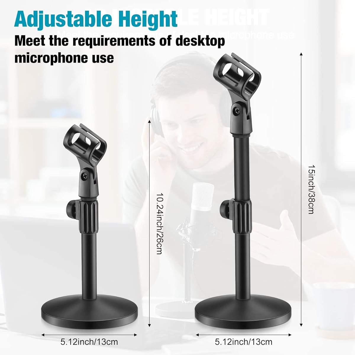 Hoteam 4 Pieces Desktop Microphone Stand Adjustable Table Microphone Stand Mic Clip Mic Stand Desk with 5/8" Male to 3/8" Female Thread Metal Round Base for Table Desk Interview Black