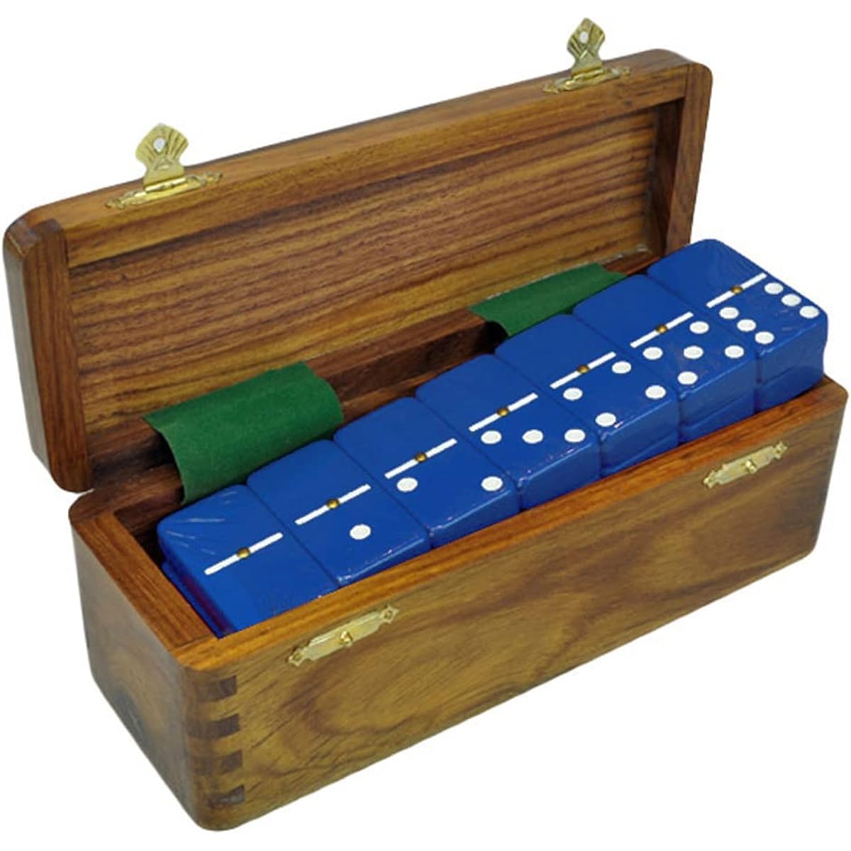 Domino Double Six Blue in Dovetail Jointed Sheesham Wood Box - Jumbo Tournament Size with Spinners