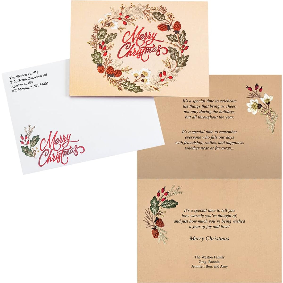 Personalized Embroidered Christmas Wreath Cards - Set of 20 - Customizable Card and Envelope Fronts