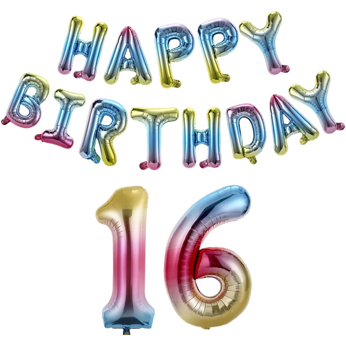 Birthday 101.6cm Happy Birthday Number 16 Banner Balloon Letter Rainbow Theme Gradient Colorful, Banner Aluminum Foil Letter Balloon Party Decoration