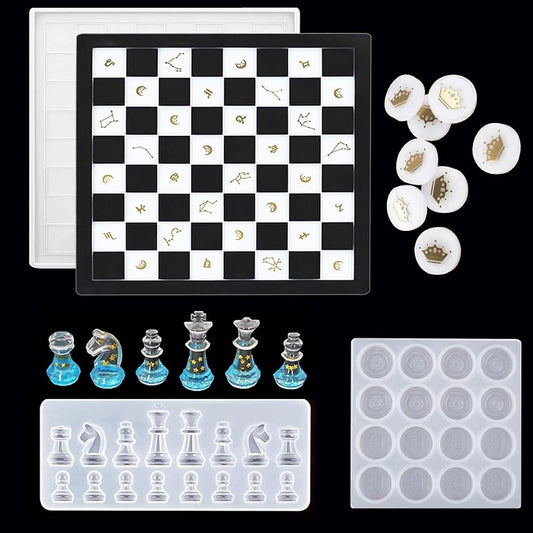 3 Pieces Chess Silicone Mold Resin Chess Set Mold 3D Checker Chess Mold for Resin Casting Epoxy Resin Mold DIY Chess Board Resin Mold for Making Board Game Supplies (3 Pieces)