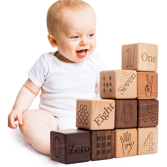 10pcs Number Building Wooden Blocks for Toddlers 1-3+ | Montessori Letter Number and Gesture Icons Preschool Educational Gifts for Boys and Girls
