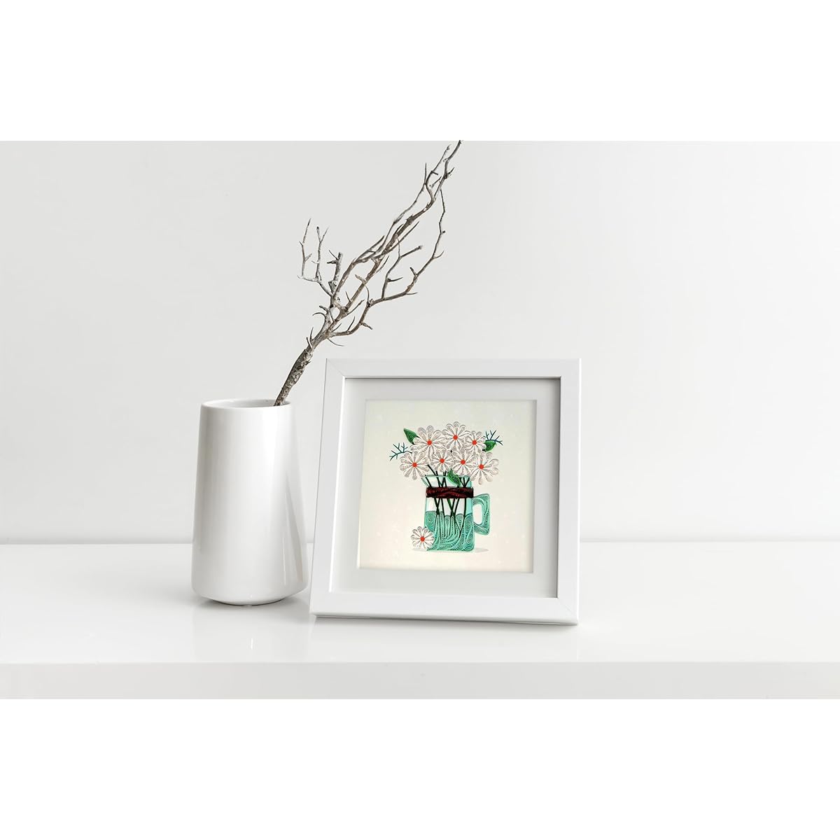 White Daisy Flower with Cup Quilted Card 3D Unique Exclusive Handmade Design Greeting Card Birthday Valentine's Day Mother's Day Spring Father's Day Graduation Wedding Anniversary Thank You for Any Occasion 6" x 6"