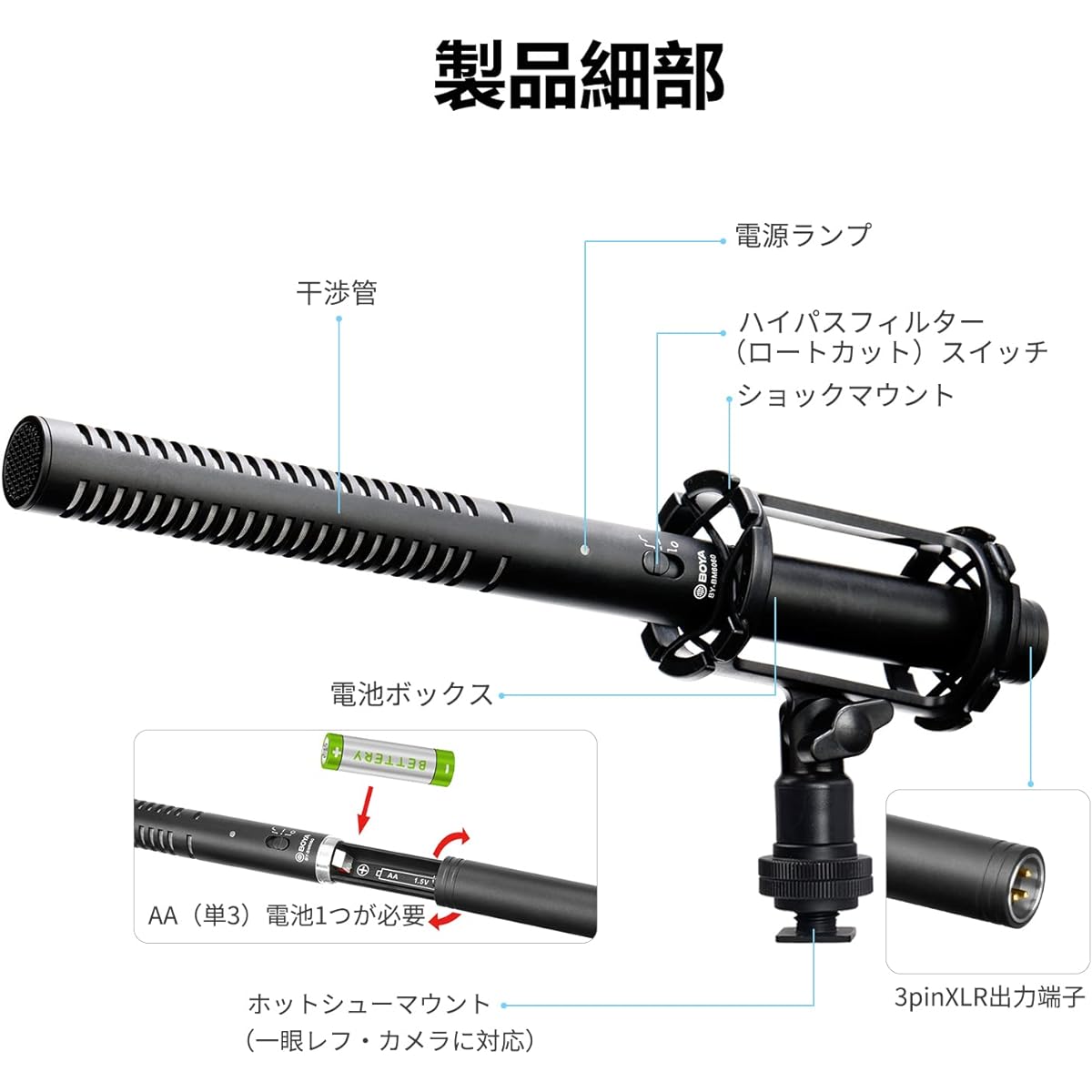 BOYA BY-BM6060 Super Unidirectional Shotgun Microphone Condenser Microphone Aluminum Alloy Construction 3-Pole XLR 24-48V Phantom Power Low Cut Mode Compatible with Microfilm/Program Shooting/Documentaries, etc.