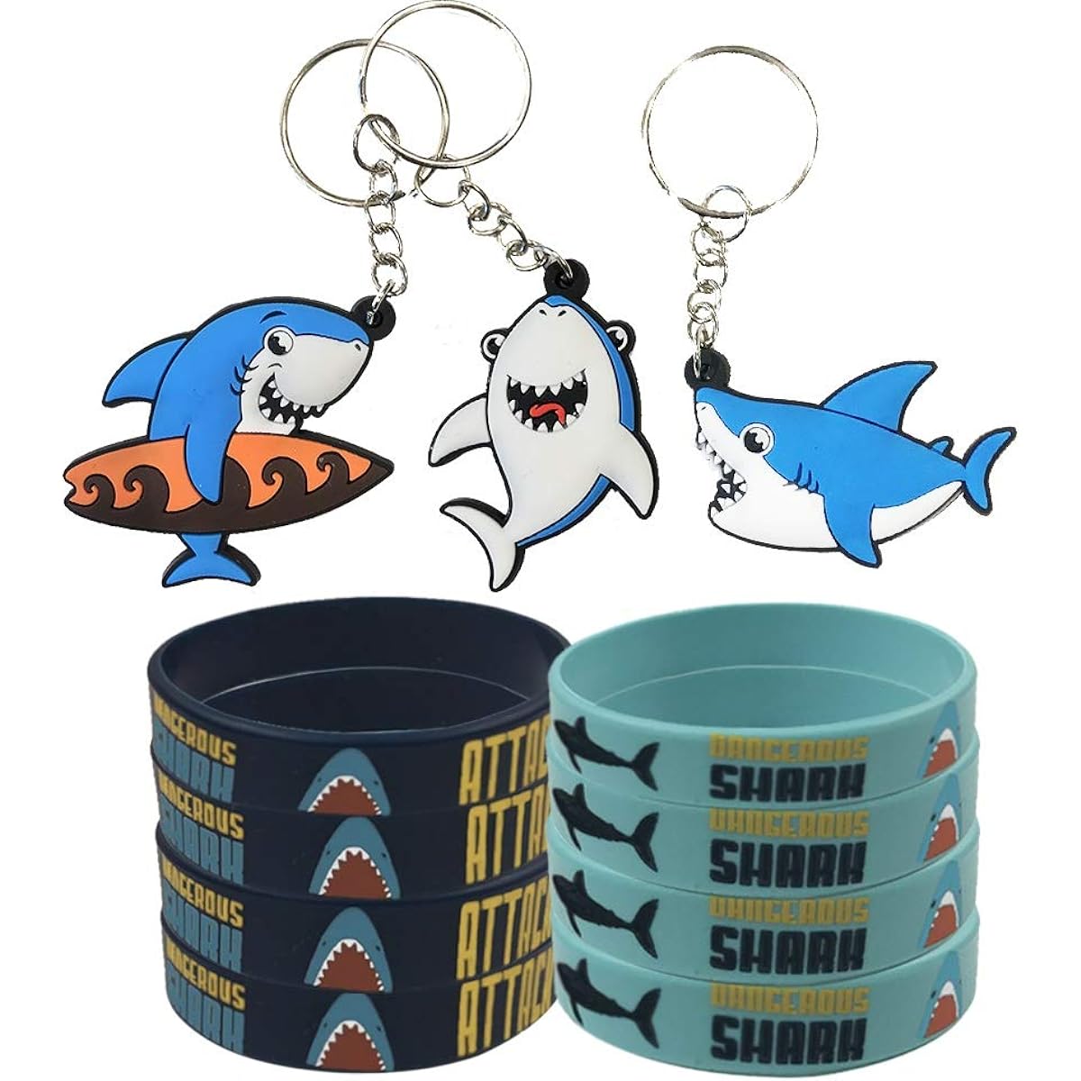 Shark Party Favors Supplies Decorations 24pcs Shark Keychain Keyrings Under The Sea Shark Rubber Wristbands Bracelets for Kids Birthday Party