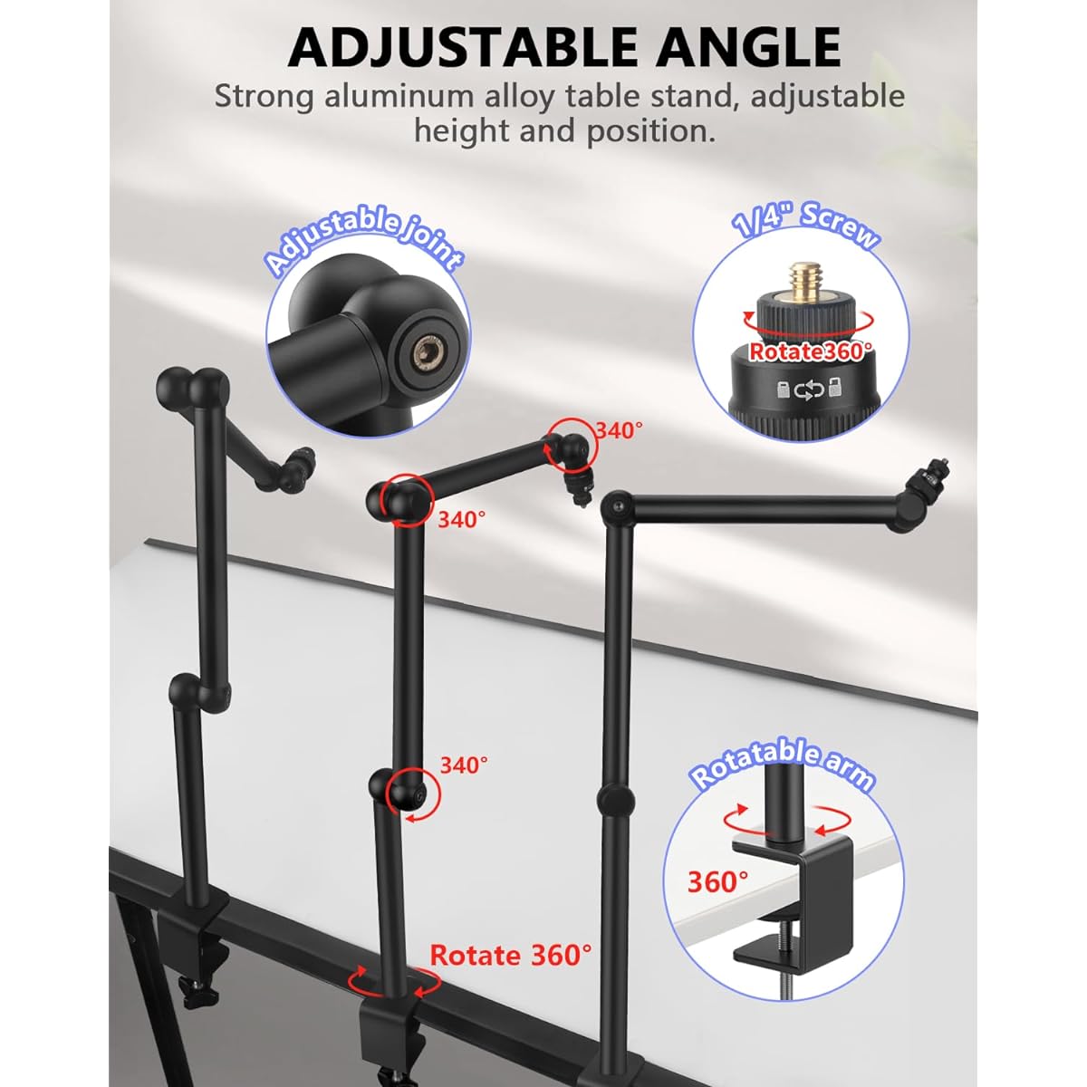 JINSUI Boom Arm Microphone Stand Desk 360° Rotatable Camera Desk Mount with 3/8" 5/8" Thread Adapter Compatible with Most Microphones Adjustable Foldable Webcam Stand for Podcast Streaming Game Video Studio
