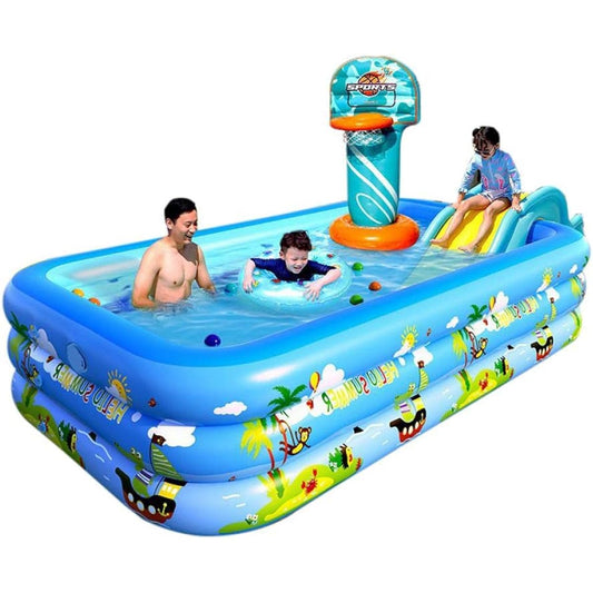 Pool, Foldable, Baby Pool, Adult Pool, Easy to Store, Family Pool, Children's Water Play, Parent-Child Play, Outdoor, Camping, Heat Wave Protection, Summer Protection, Home Use, Indoor Use, Large Pool (2.6m, Three Layers, with Basketball Hoop and Slide)