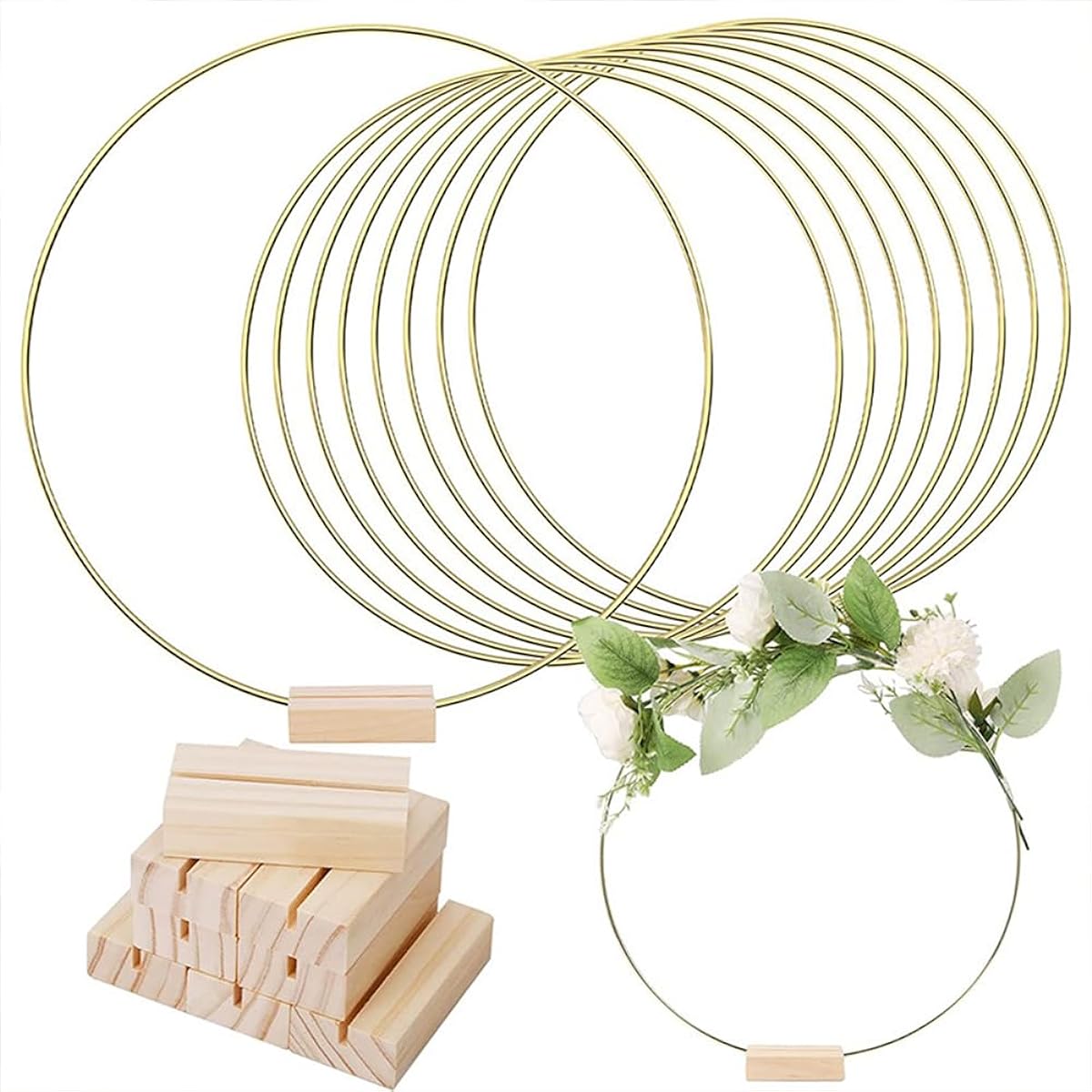 Naiveferry 10pcs Metal Floral Hoop Centerpieces Gold Wreath Rings with 10pcs Wooden Holders Centerpieces Table Decorations Crafts DIY Wedding Event Party Decor